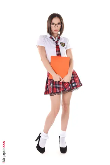 Eve Sweet – Busty Brunette in Uniform Skirt and Heels Plays with a Butt Plug