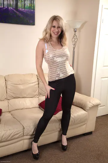 Mel Harper – European Blonde MILF Fingers Her Hairy Pussy on the Sofa