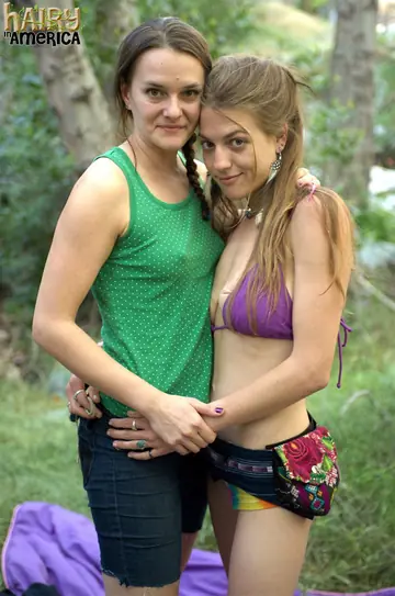 Two Hairy Lesbians Finger and Lick Pussy on a Forest Blanket