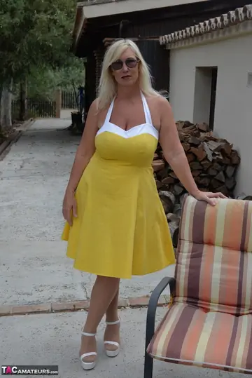 Thick Mature Blonde Strips Out of Her Yellow Dress in Heels