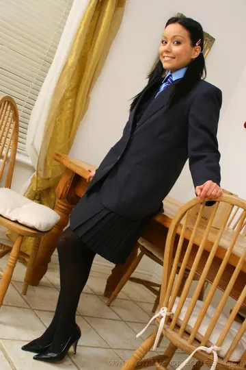 Petite Asian Babe in Uniform and Heels Spreads Her Pussy
