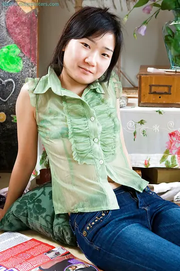 Asian Woman in Lingerie and Jeans Shows Her Hairy Pussy