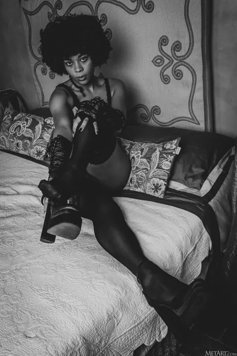 Ebony Brunette Strips and Spreads Her Shaved Pussy – photo 17 of 20