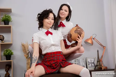 Korolina Beiman: Brunette in Socks and Costume Has Anal Threesome – photo 2 of 12