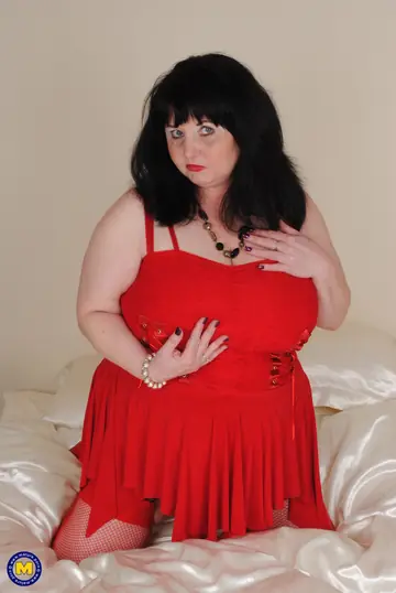 Mature BBW in a Red Dress and Boots Toys Her Pussy