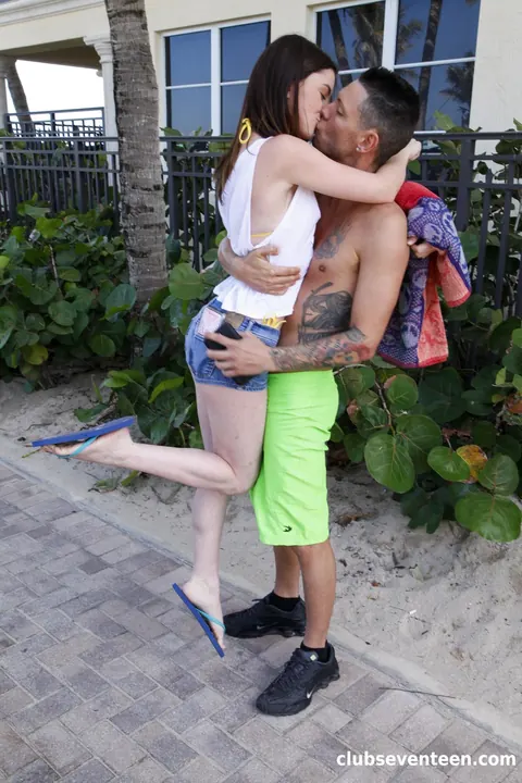 Slim Brunette Rides Her Partner's Cock Poolside – photo 1 of 21