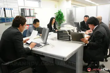 Ai Mizushima – Brunette Asian MILF in Stockings Takes an Office Gangbang