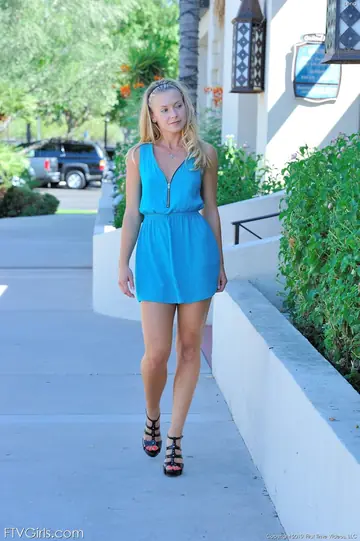 Blonde Flashes Her Shaved Pussy Outdoors Then Strips Naked