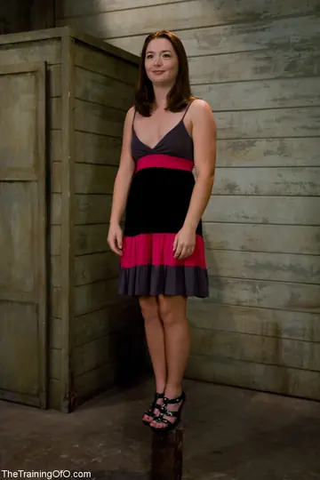 Savannah West – Brunette with Small Natural Tits Spreads in Bondage Dress and Heels