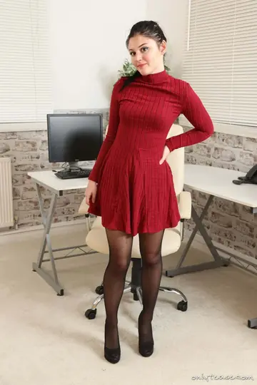 Brunette PAWG Secretary Strips Out of Her Lingerie and Stockings in the Office