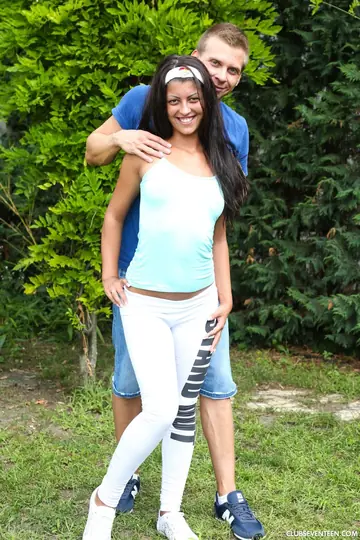European Black-Haired Woman in Yoga Pants Gets Ass Fucked in the Backyard