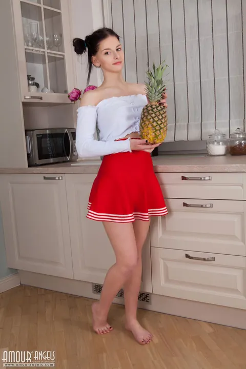 Pale Brunette in Pigtails Spreads Her Shaved Pussy – photo 1 of 20