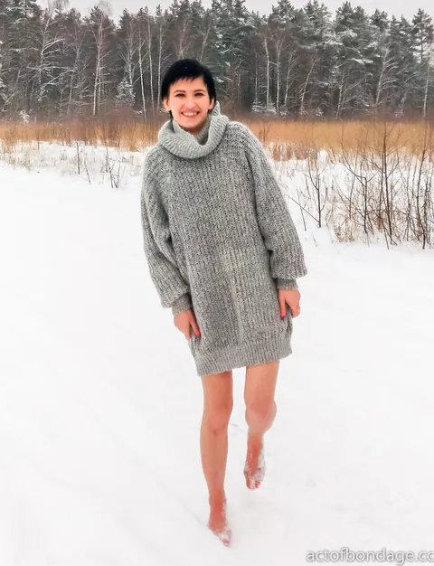 Busty Short-Haired Brunette Kneels Bound and Gagged on Snow – photo 11 of 12