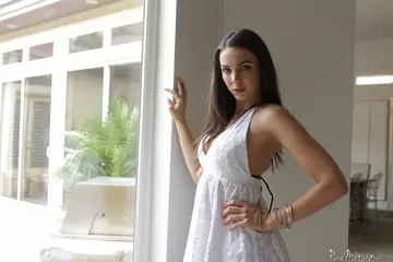 Tall Brunette MILF Pulls Her Panties Aside and Spreads Her Pussy