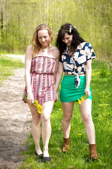 Busty Hairy Women Lick and Finger Each Other Outdoors
