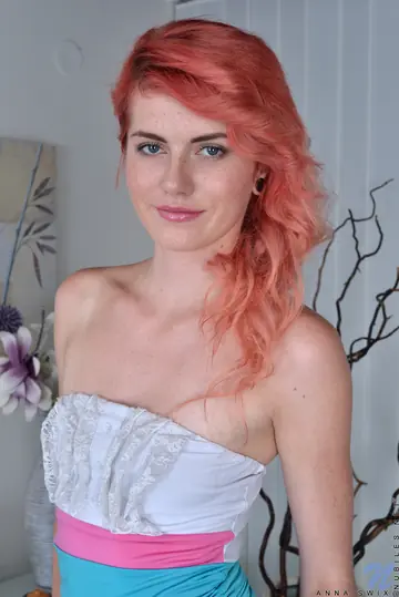 Anna Swix – Skinny Redhead Strips Out of Her Skirt and Fingers Her Shaved Pussy