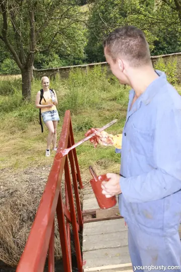Blonde with Big Natural Tits Rides Her Partner Outdoors