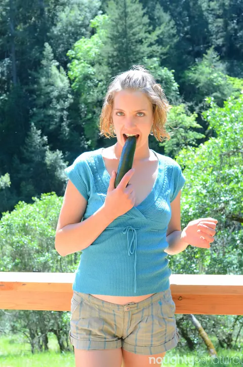 Blonde Masturbates with a Cucumber Outdoors – photo 1 of 21