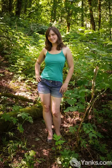 Pale Black-Haired Woman with Hairy Pussy Toys Herself in the Forest