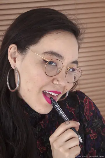 Rylee Mae – Asian Brunette in Stockings and Glasses Spreads Her Hairy Pussy