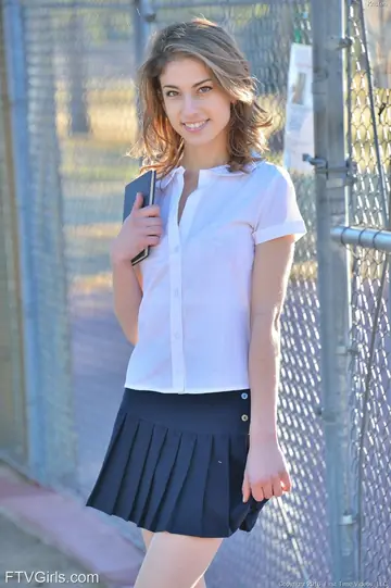 Kristen Scott – Skinny Brunette Flashes Panties in Uniform Outdoors