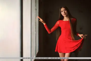 Saju A – Tall Brunette Strips Off Her Dress and Spreads Her Shaved Pussy