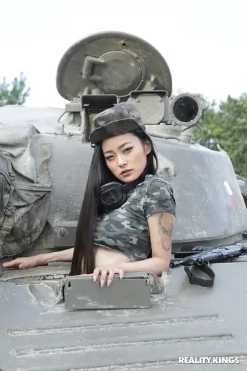Japanese Babe in Boots Sucks and Fucks Soldier Outdoors for a Cumshot