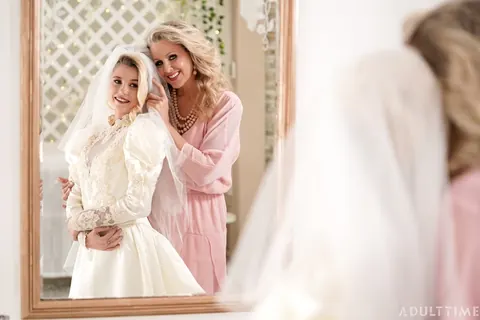 Julia Ann: Slim Blonde MILF Fingers and Licks Bride in Lingerie and Skirt – photo 14 of 15