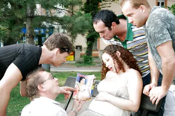 Pregnant Curly MILF Takes a Blowbang and Anal Gangbang Outdoors