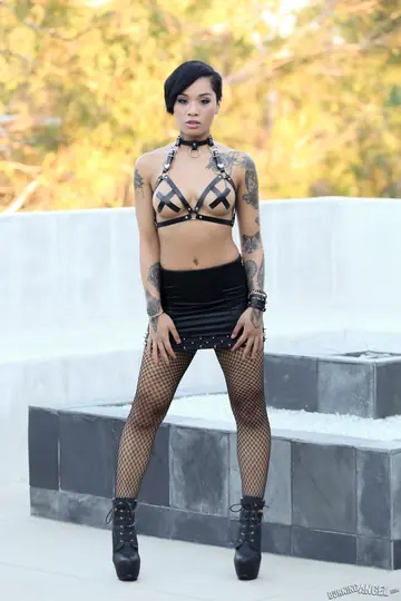 Honey Gold – Ebony Brunette in Fishnet Stockings Spreads Outdoors