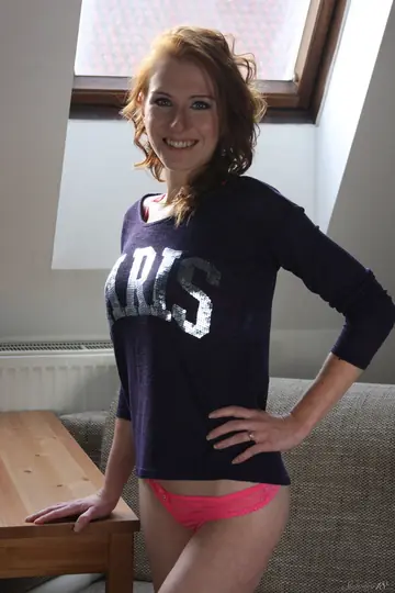 Hanka – Petite Redhead in Shorts and Socks Spreads Her Legs