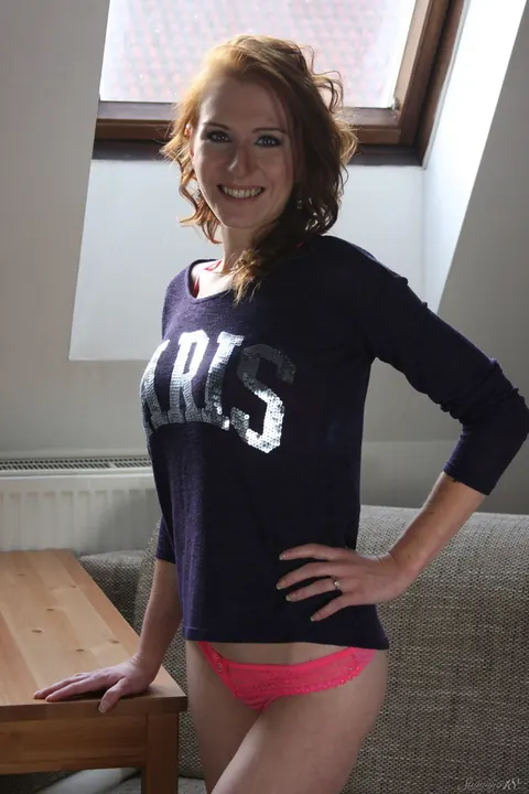 Hanka: Petite Redhead in Shorts and Socks Spreads Her Legs – photo 1 of 21