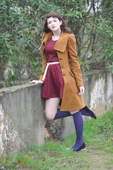 Fawna Latrisch – Busty British Brunette Strips Outdoors in a Skirt and Knee Socks