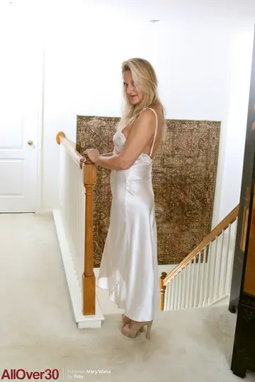 Blonde MILF with Big Tits in Panties and Heels Spreads