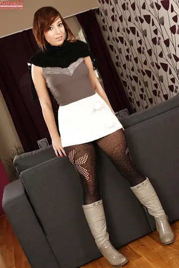 Lucy Kringle – European Brunette Peels Off Her Pantyhose to Finger Her Shaved Pussy