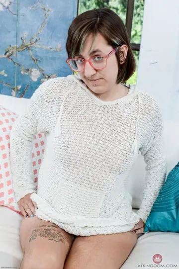 Thick Brunette in Glasses Strips and Spreads Her Hairy Pussy