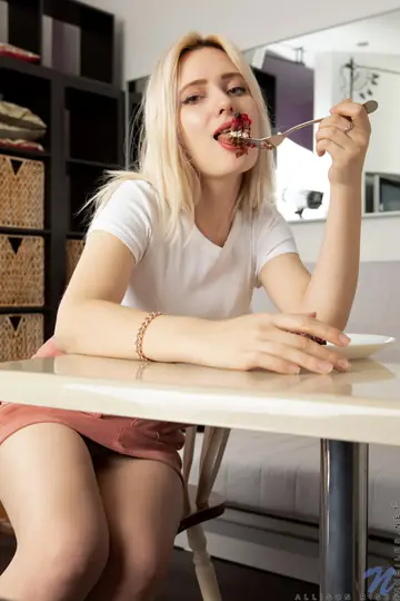 Slim Russian Blonde Fingers Herself on a Table