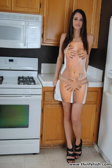 Tiffany Thompson – Brunette in Heels and Apron Spreads and Covers Natural Tits with Honey