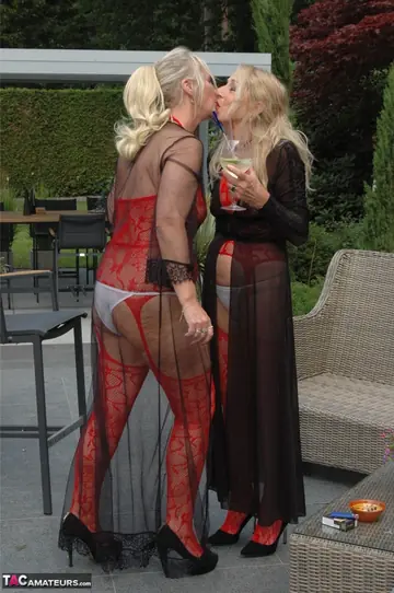 Mature Blonde MILF Kisses and Licks in Lingerie Outdoors