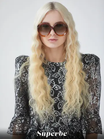 Curly Blonde in Glasses Peels Down to Fishnet Stockings and Spreads