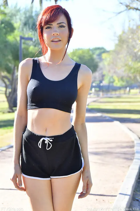 Sabina Rouge: Skinny Redhead Strips Out of Her Shorts for Nude Yoga Outdoors – photo 1 of 15