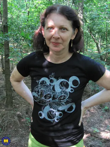 Mature European Woman Strips Naked and Spreads Her Hairy Pussy Outdoors