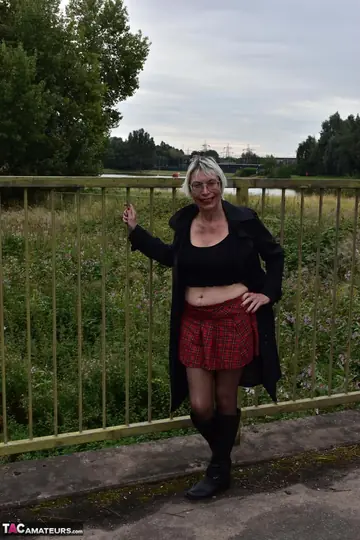 Mature British Blonde Shows Off Her Big Tits on a Public Bench