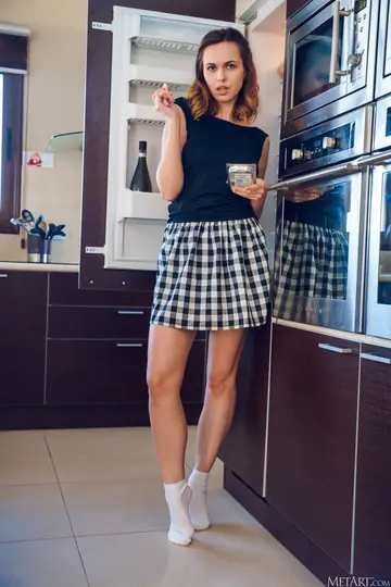 Nasita – Slim Brunette in Thigh-High Socks Spreads in the Kitchen