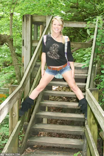 Meet Madden – Busty Blonde MILF and Friend Strip Off Her Shorts for Lesbian Kissing Outdoors