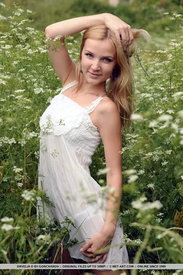 Orvelia O – Blonde Woman Lifts Her Skirt and Spreads in the Forest