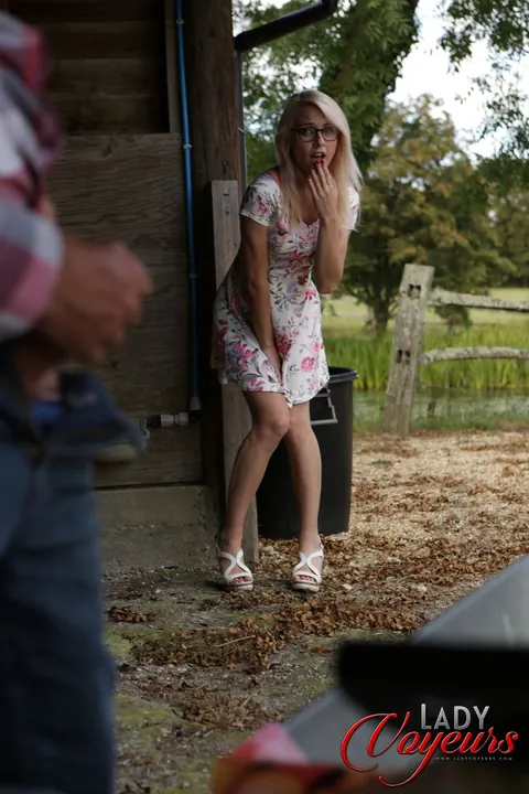 Petite Blonde in Lingerie Lifts Her Skirt and Has Sex in the Forest – photo 3 of 20