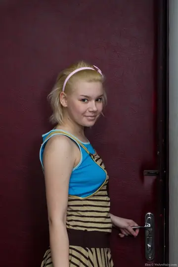 Pale Blonde Rubs Her Hairy Pussy Through Blue Pantyhose