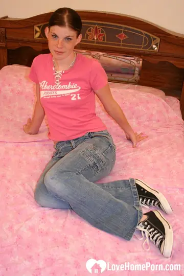 Holly Lane – Petite Brunette Strips Out of Her Jeans on the Bed