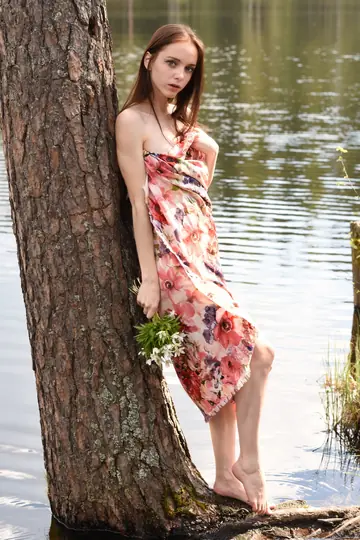 Tall Skinny Woman Strips Off Her Dress and Spreads in the Forest